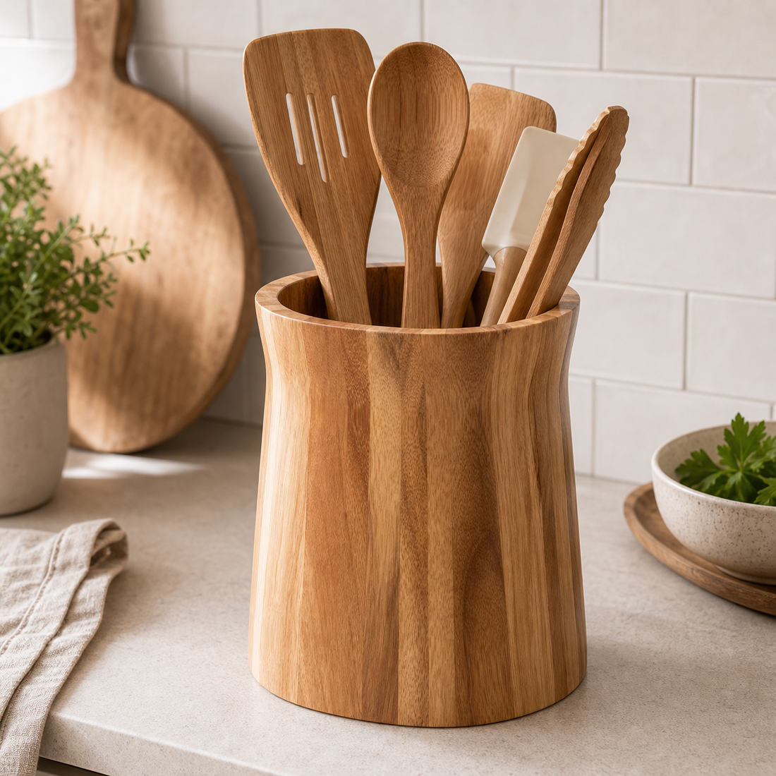 Utensil Holder — Rotating Acacia Wood