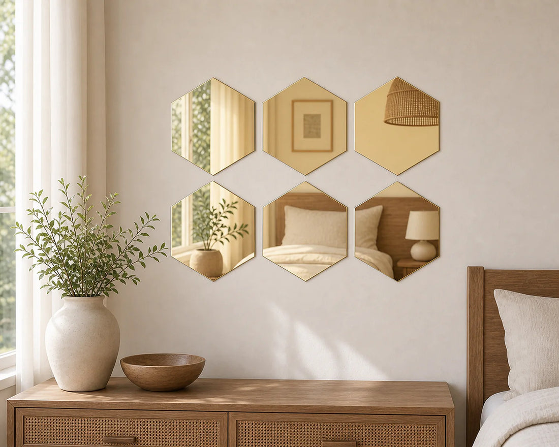 Wall Mirror — Gold or Silver Hexagon Sticker Set