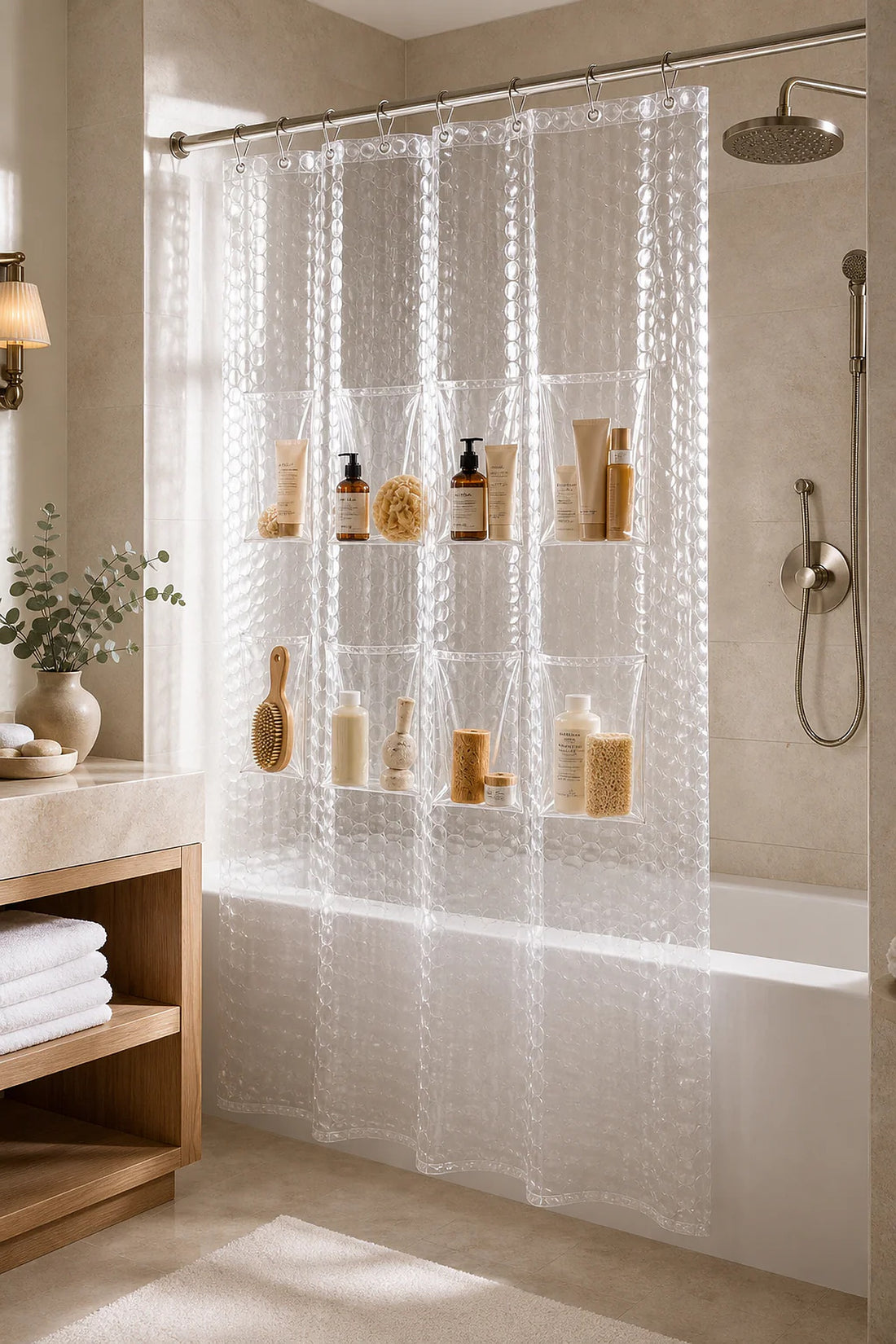 Cozy Haven PEVA Shower Curtain Liner with Storage Pockets