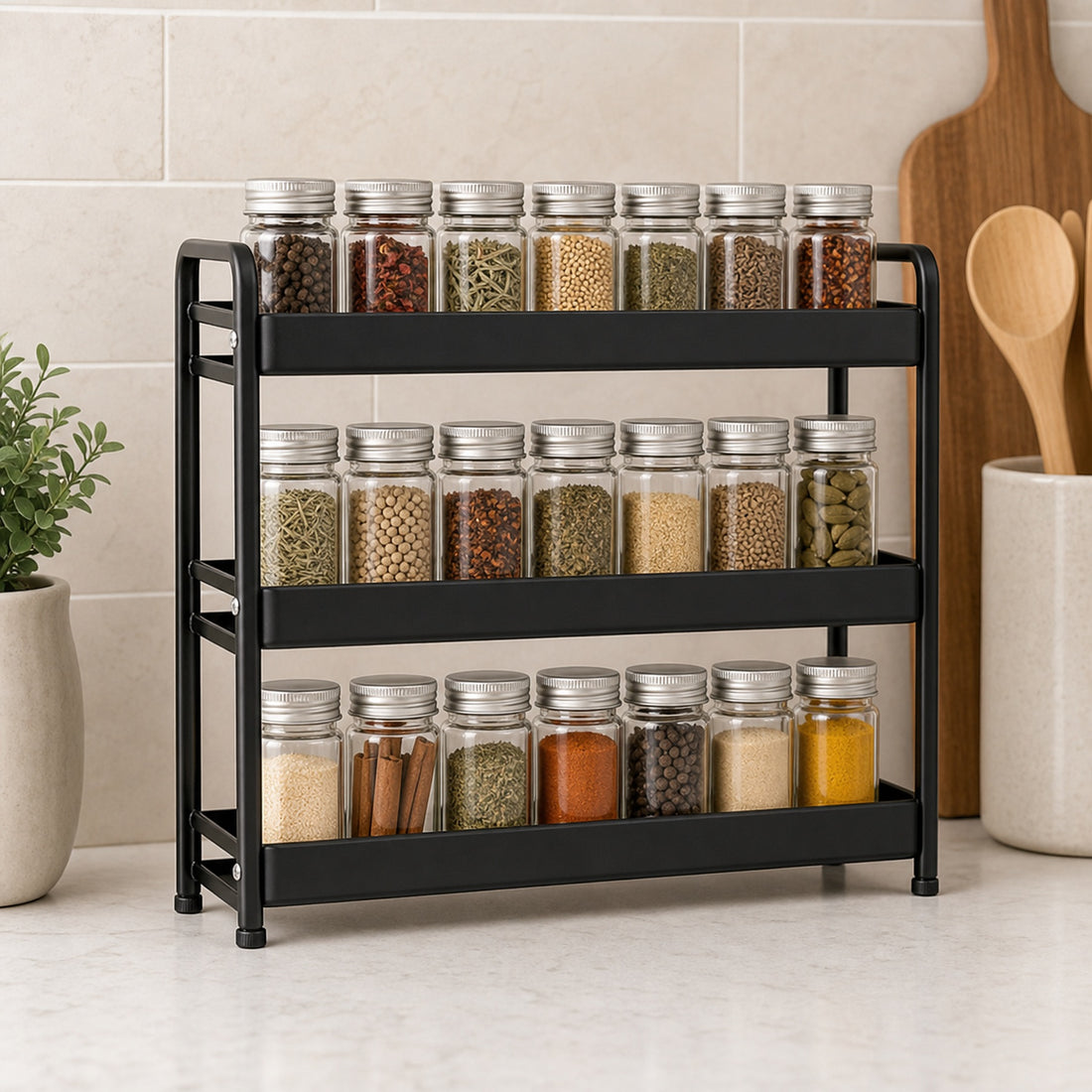 Spice Rack — Black 3-Tier Countertop