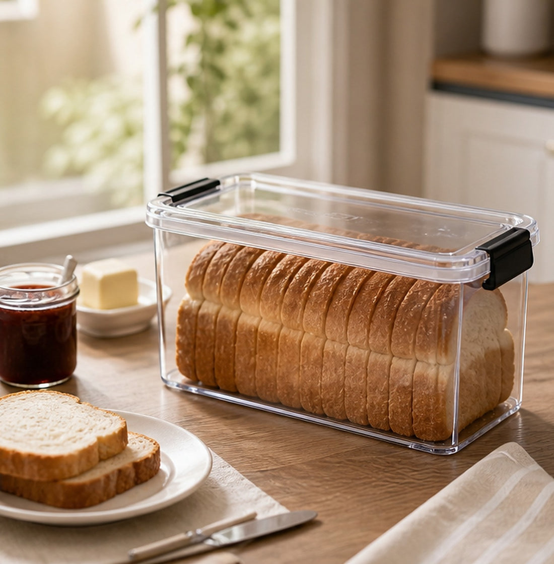 Clear Airtight Bread Box with Black Clips