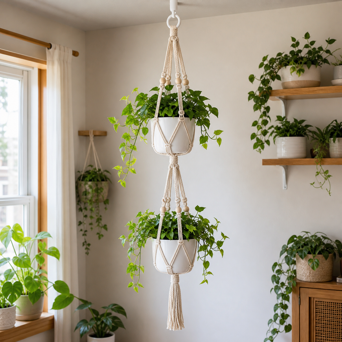 Cozy Haven Tiered Macrame Plant Hanger - Handmade Hanging Flower Pot Holder