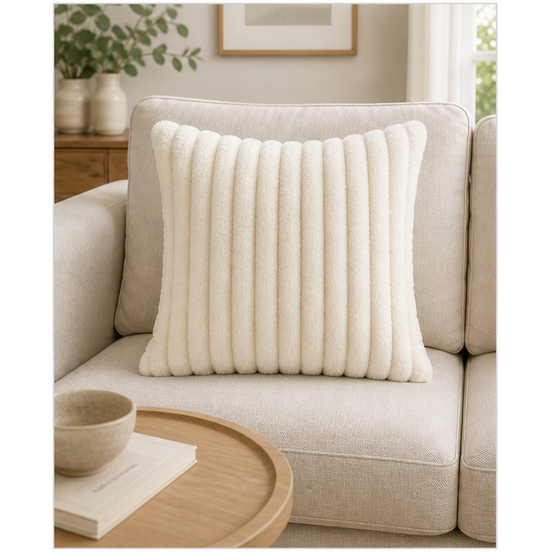 Ivory Ribbed Plush Throw Pillow Cover - 45 x 45 cm