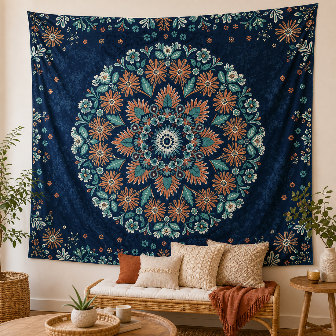 Cozy Haven Navy Floral Mandala Tapestry