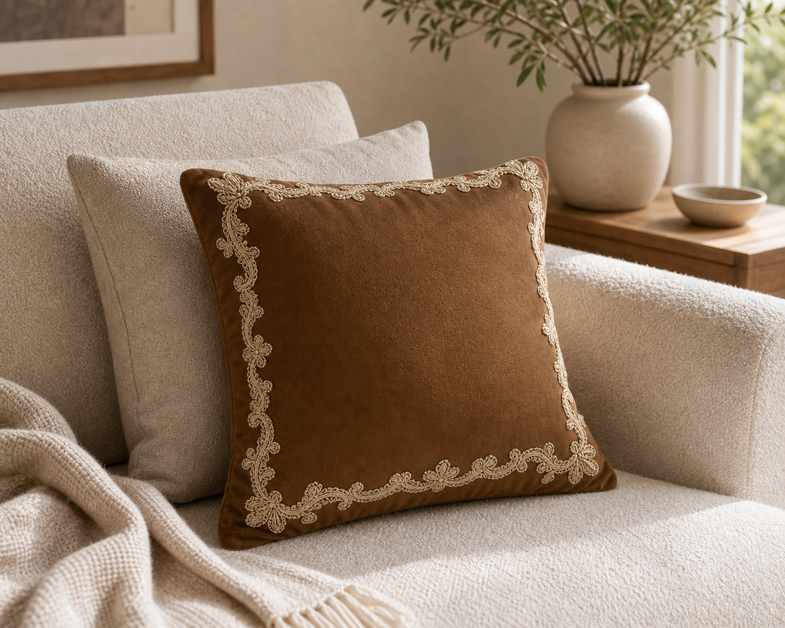 Throw Pillow Covers — French Lace-Trim - Brown
