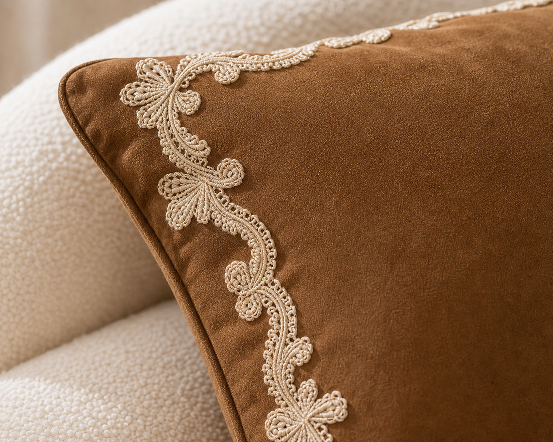 Throw Pillow Covers — French Lace-Trim - Brown