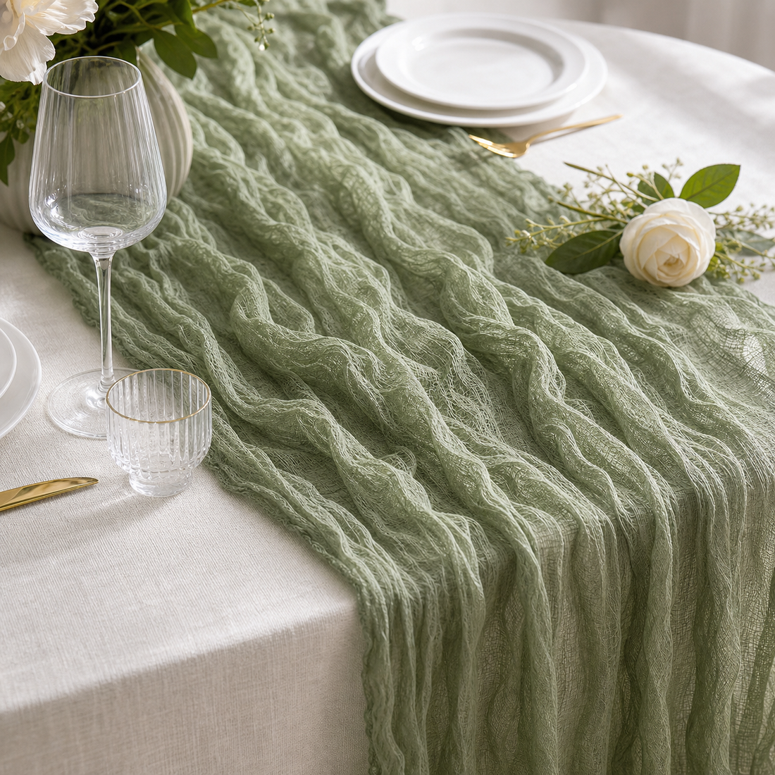 Table Runner — Gauze Set (10-Piece) — Olive Green