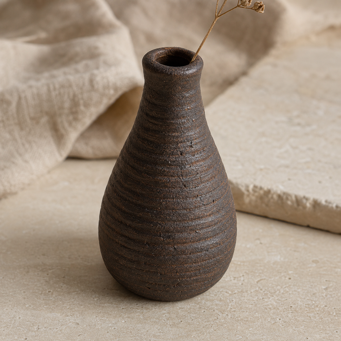 Rustic Pottery Bud Vase - Dark Brown