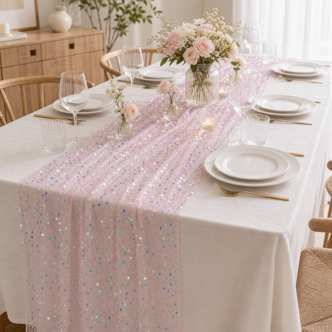 Iridescent Sequin Table Runner - Pink