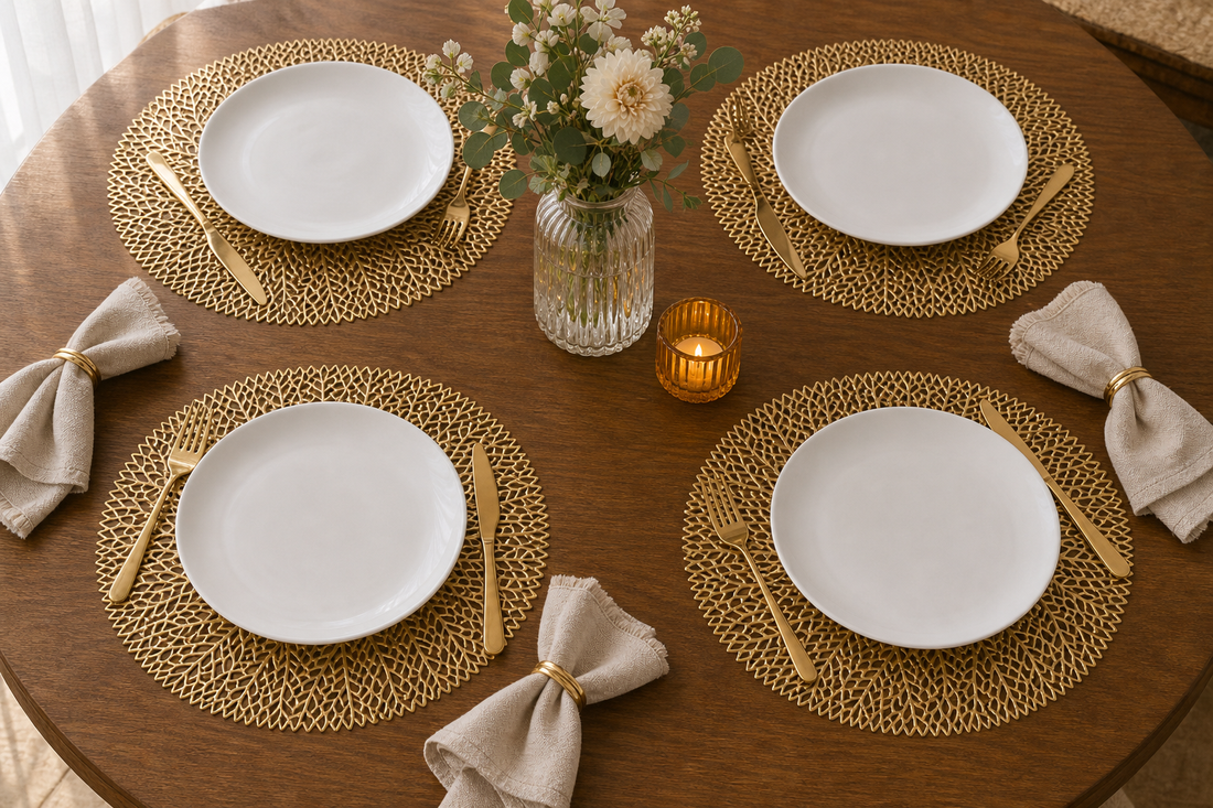 Set Of 4 Table Mat Leaf Golden Pvc Placemat