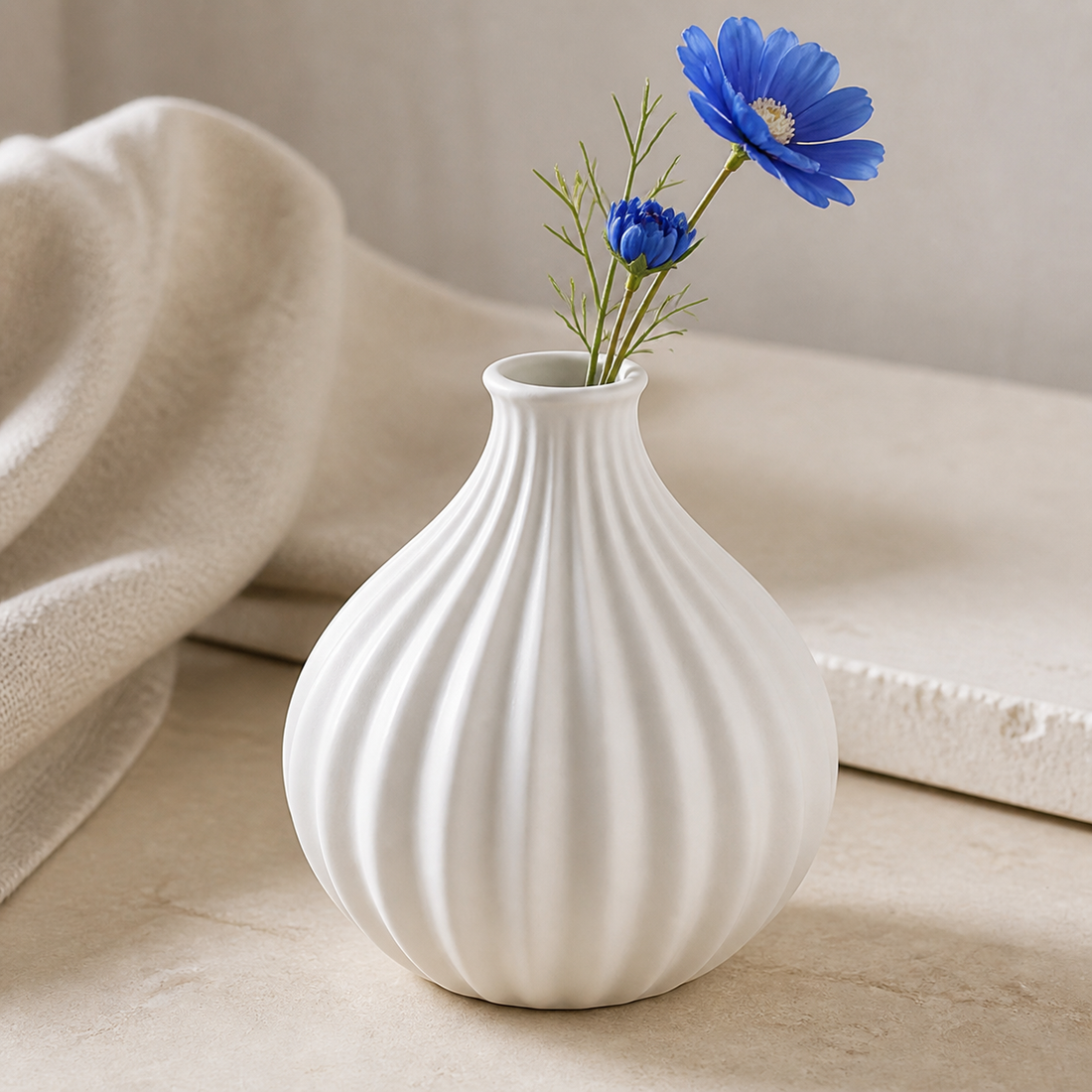 White Ribbed Pumpkin Vase