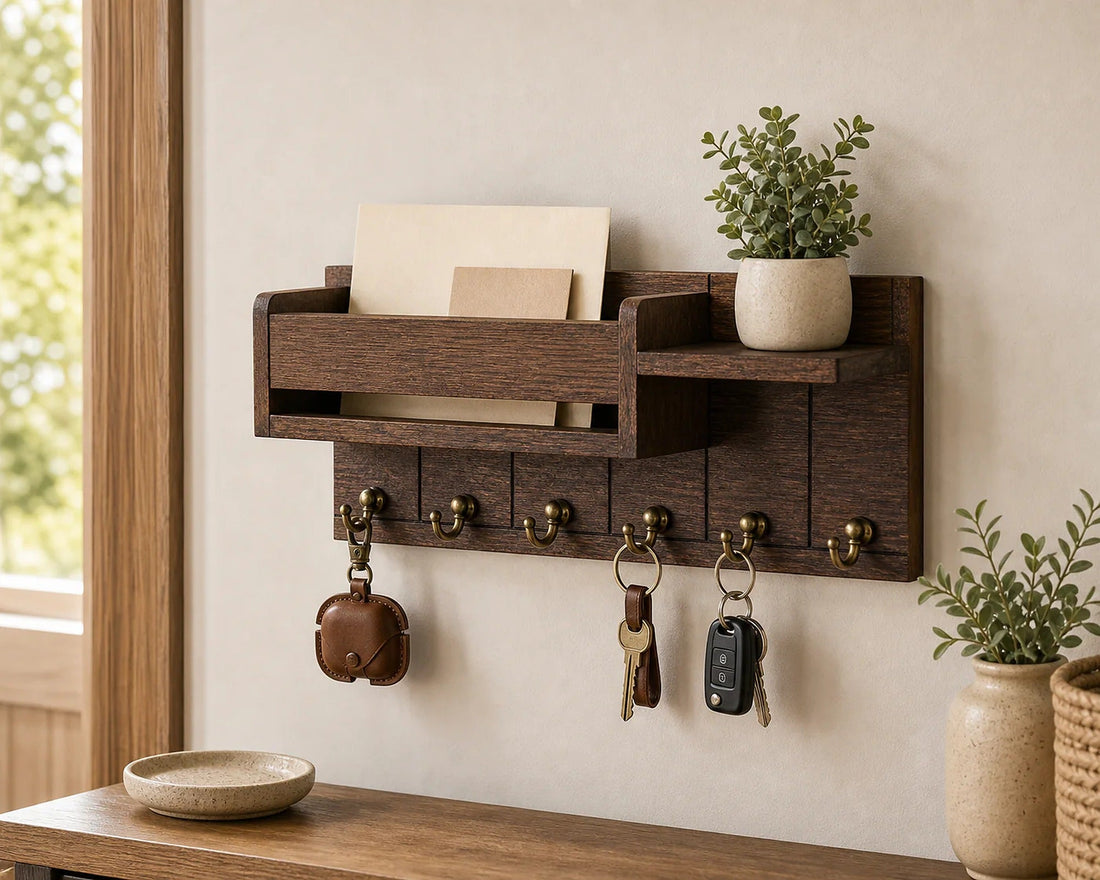 A wall-mounted wood key holder with mail slot, keys and a small plant in an entryway