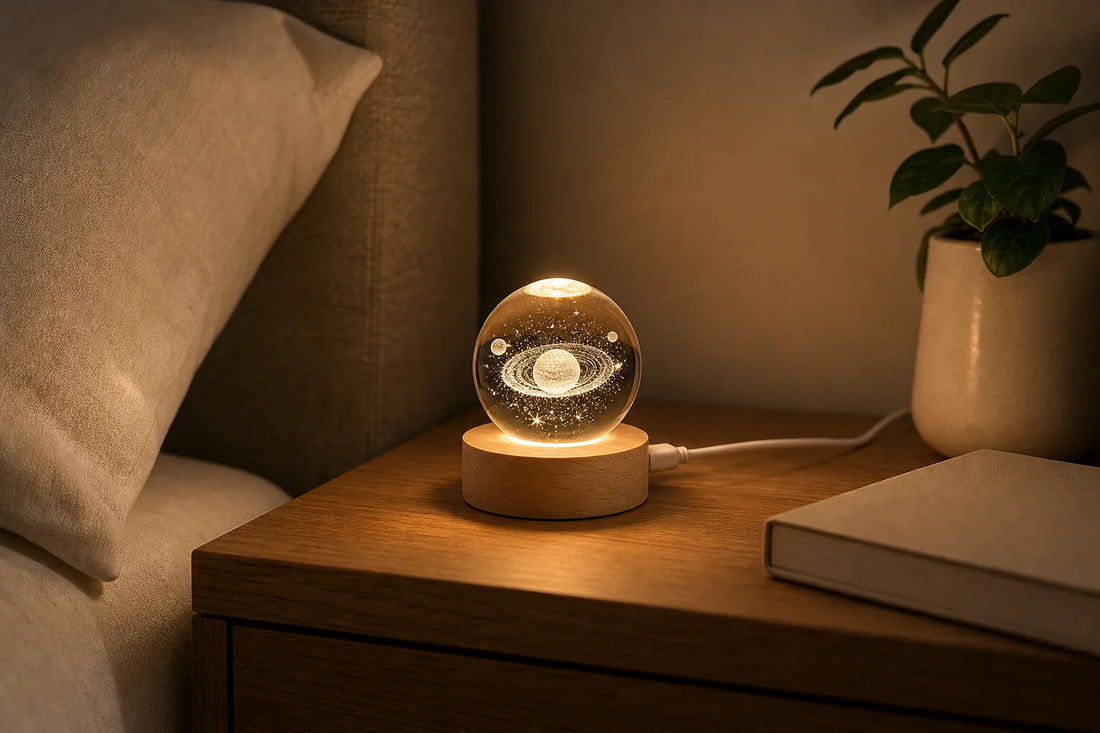 A small crystal-ball night light glowing warm on a wooden nightstand beside a bed