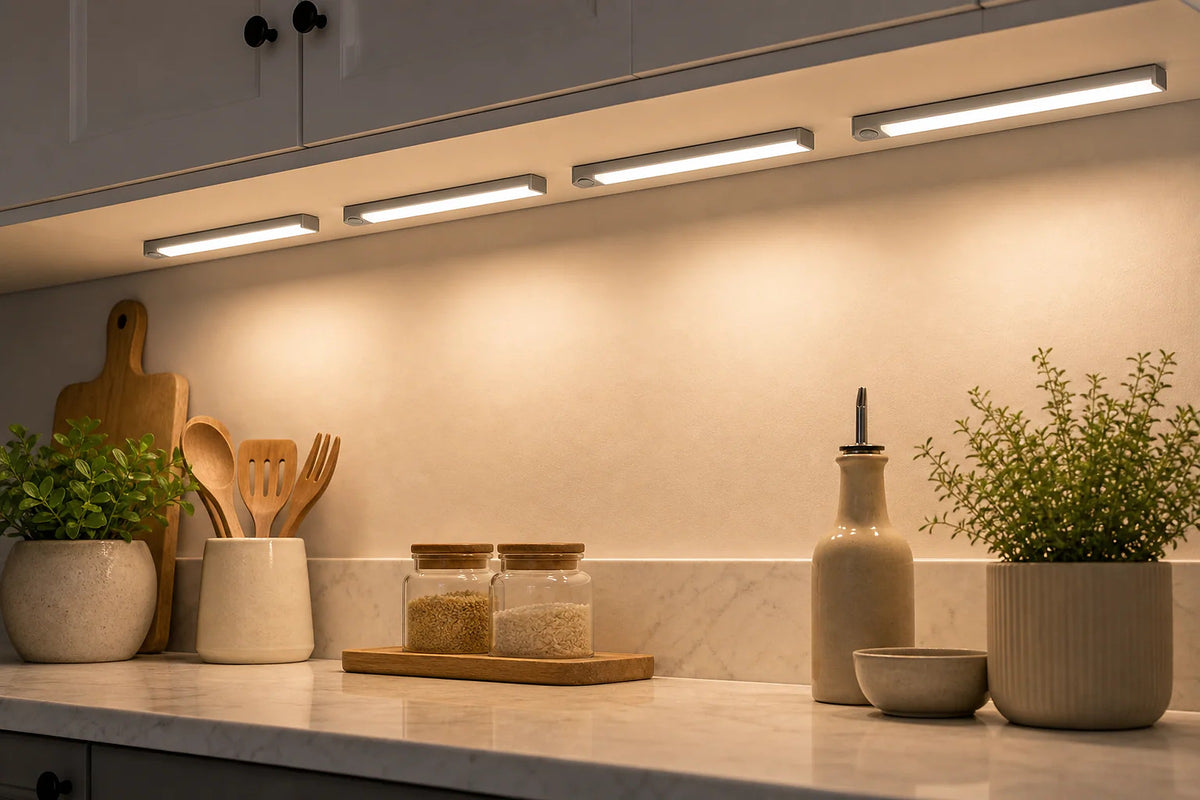 Warm LED light bars glowing under kitchen cabinets above a tidy counter with a utensil crock, glass jars and a small plant