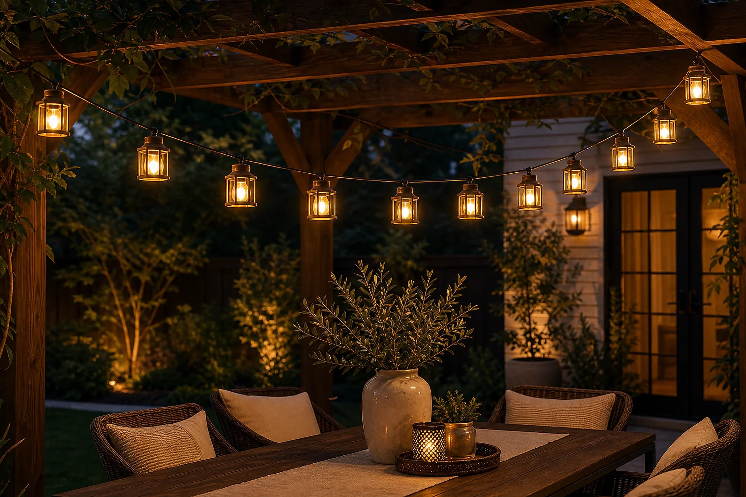 Lantern-style solar string lights strung across a pergola over a patio table at dusk