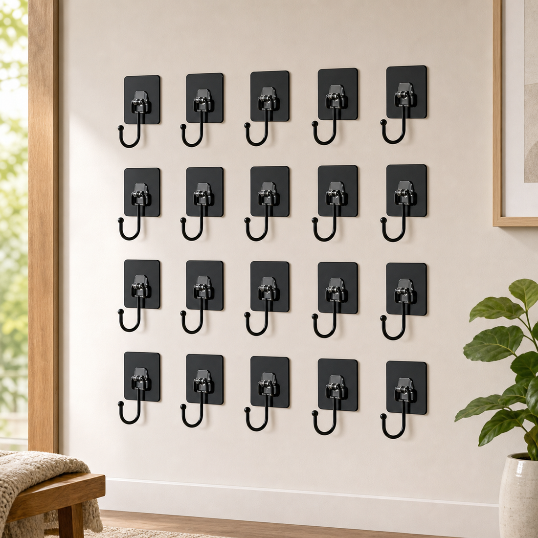Twenty black adhesive wall hooks arranged in a grid on a wall, no drilling required