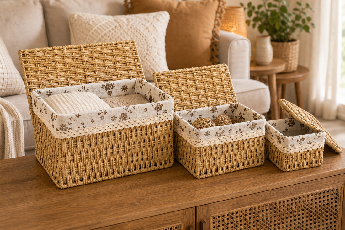 Three lidded woven storage baskets in graduated sizes on a wooden sideboard in a living room, two with the lids open showing floral-trimmed fabric liners