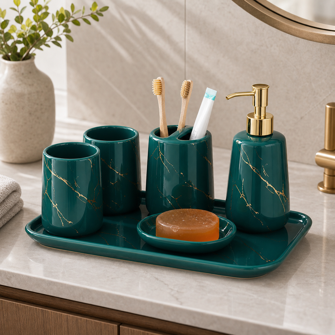 A matching marble-look bathroom set — soap dispenser, tumblers and tray — on a counter