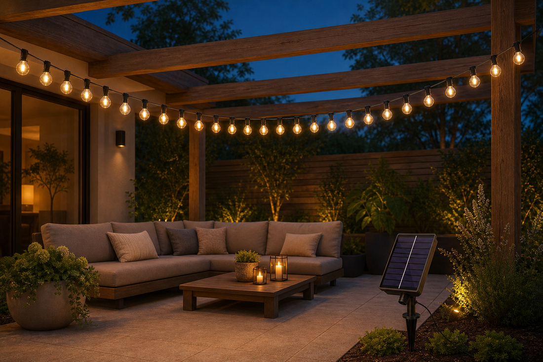 Warm string lights over a small balcony at dusk