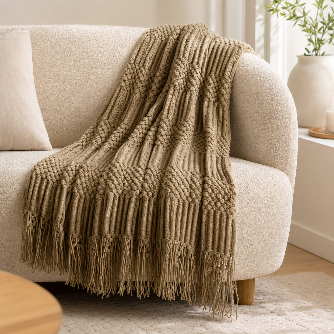 Warm khaki chunky knit throw with raised bobble texture and long tassel fringe draped over the arm of a cream boucle sofa