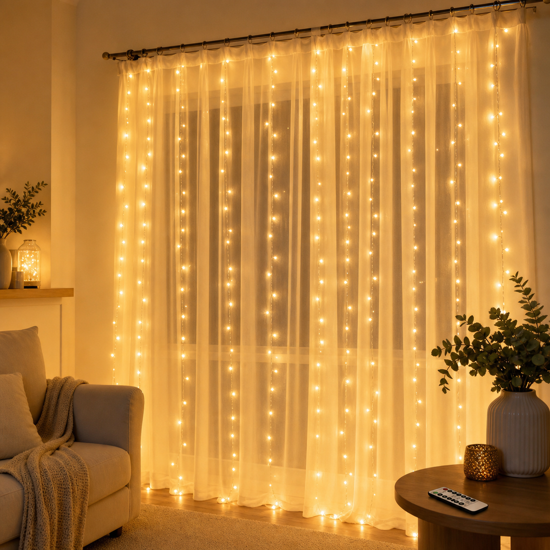 Warm white LED curtain lights glowing behind sheer curtains in a dim living room with a sofa and throw blanket