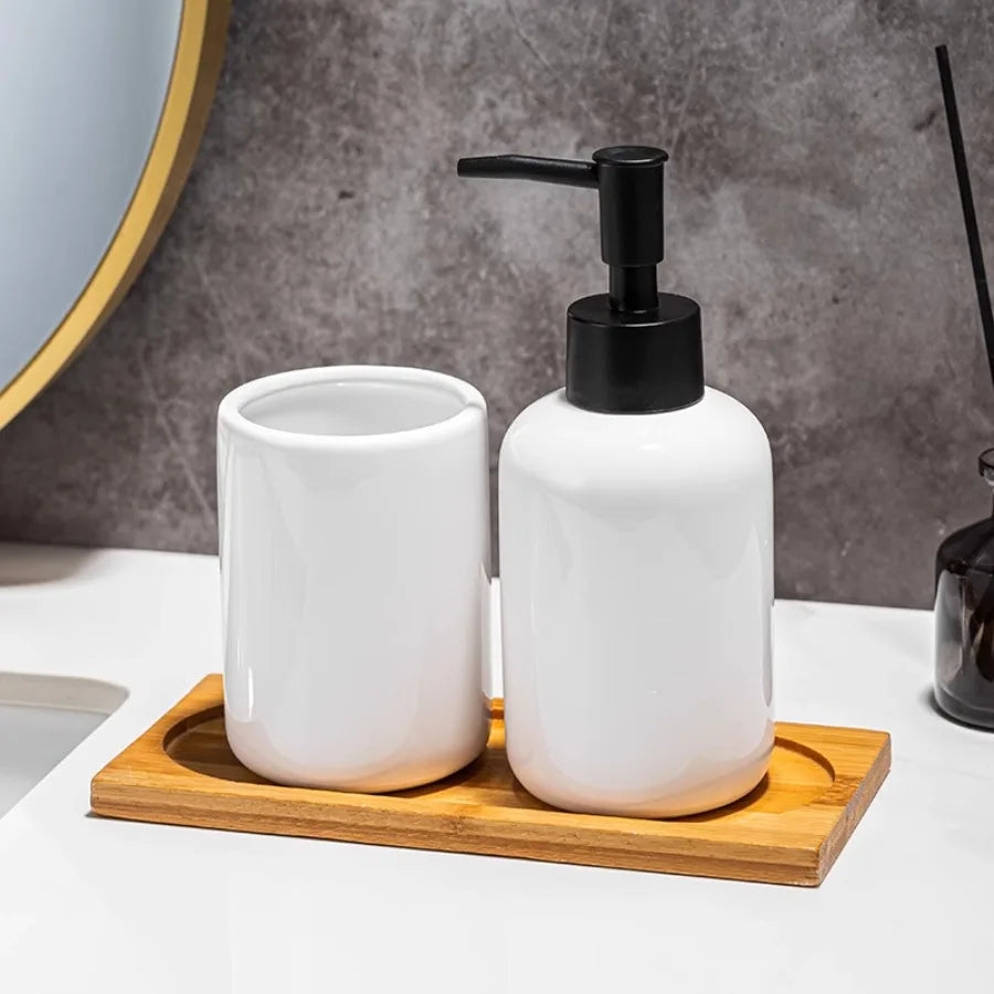 Cozy Haven lifestyle image for Cozy Haven White Ceramic Soap Dispenser Tray Set - countertop styling