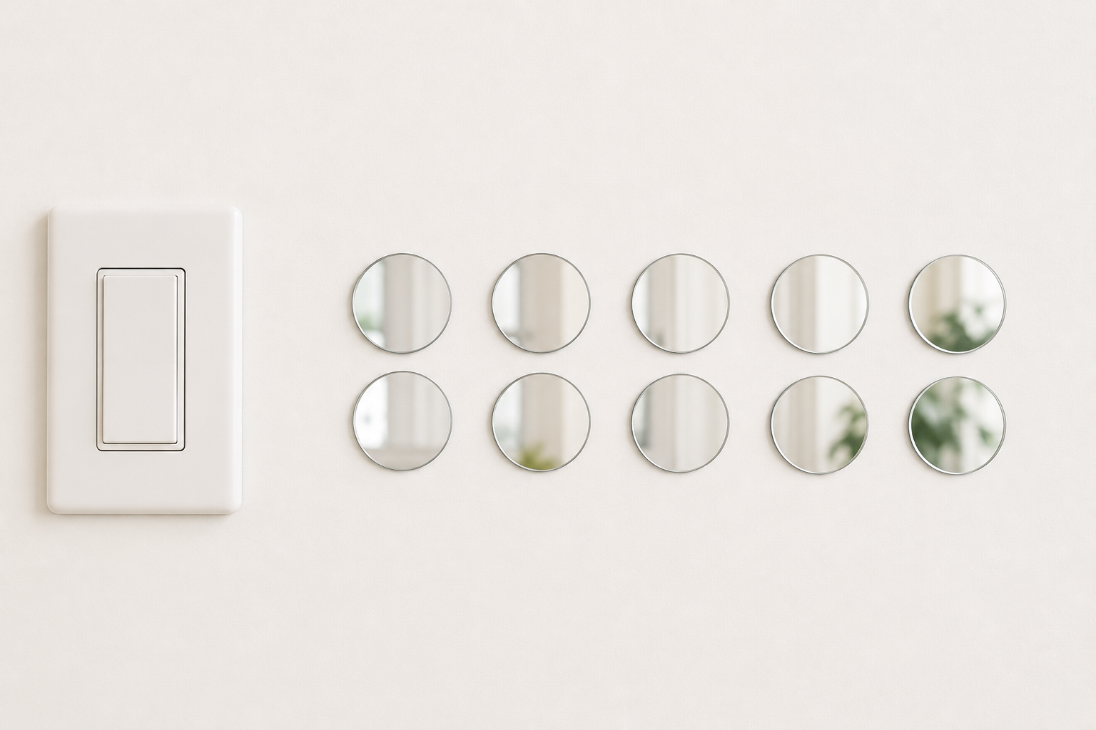 Ten identical 5 cm round acrylic mirror wall stickers beside a light switch