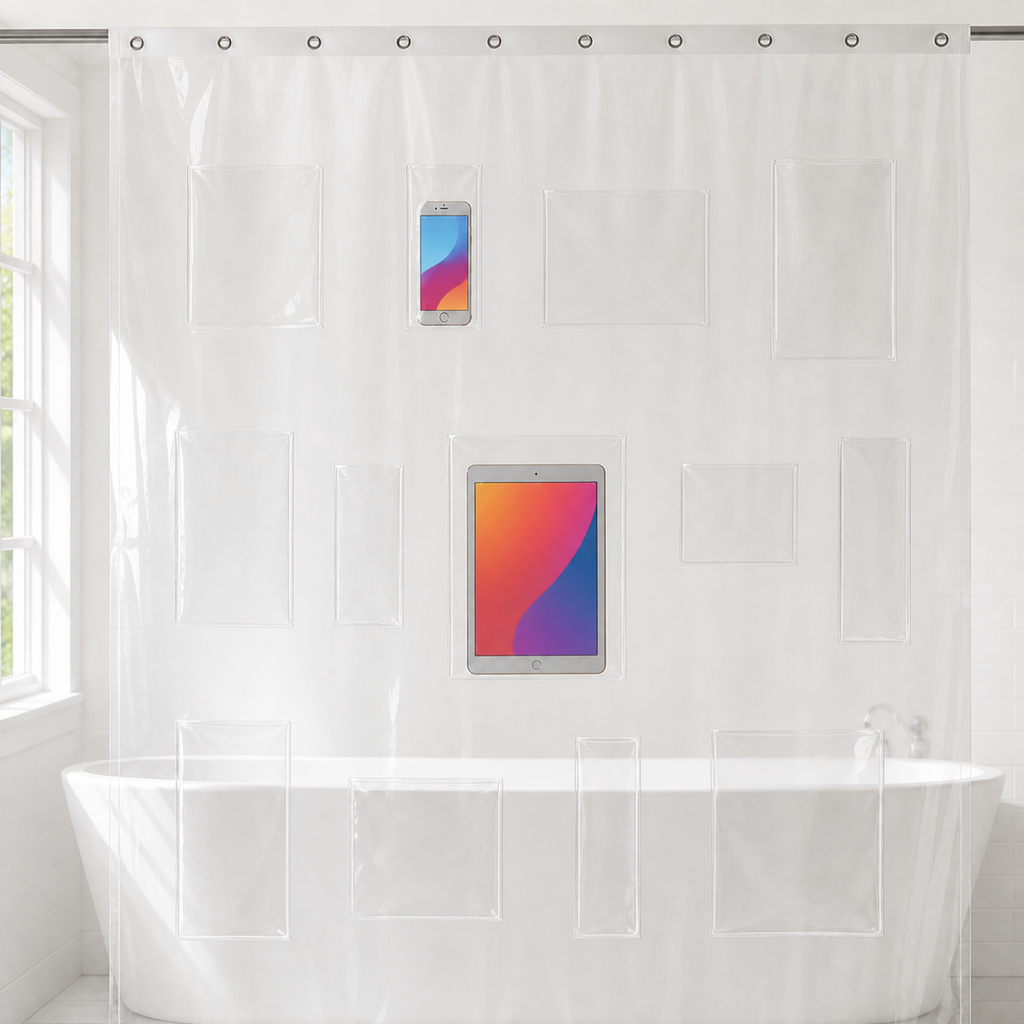 Clear shower curtain hung on a rod above a tub, with 13 clear pockets holding a phone and a tablet