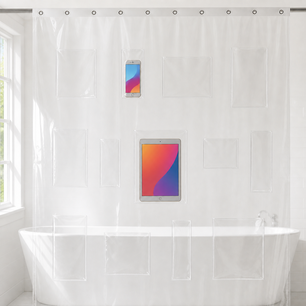 Clear shower curtain hung on a rod above a tub, with 13 clear pockets holding a phone and a tablet