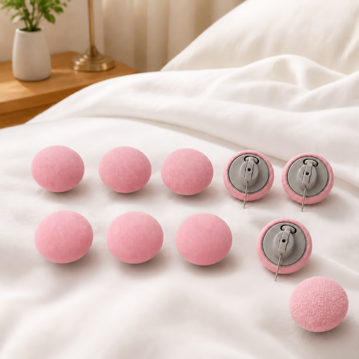 Ten pink round bedding fastener buttons showing fabric tops and gray locking-pin undersides