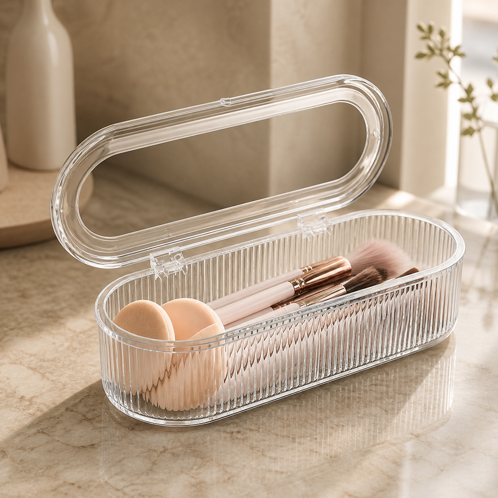 Clear ribbed makeup brush organizer with its hinged lid open on a warm bathroom vanity