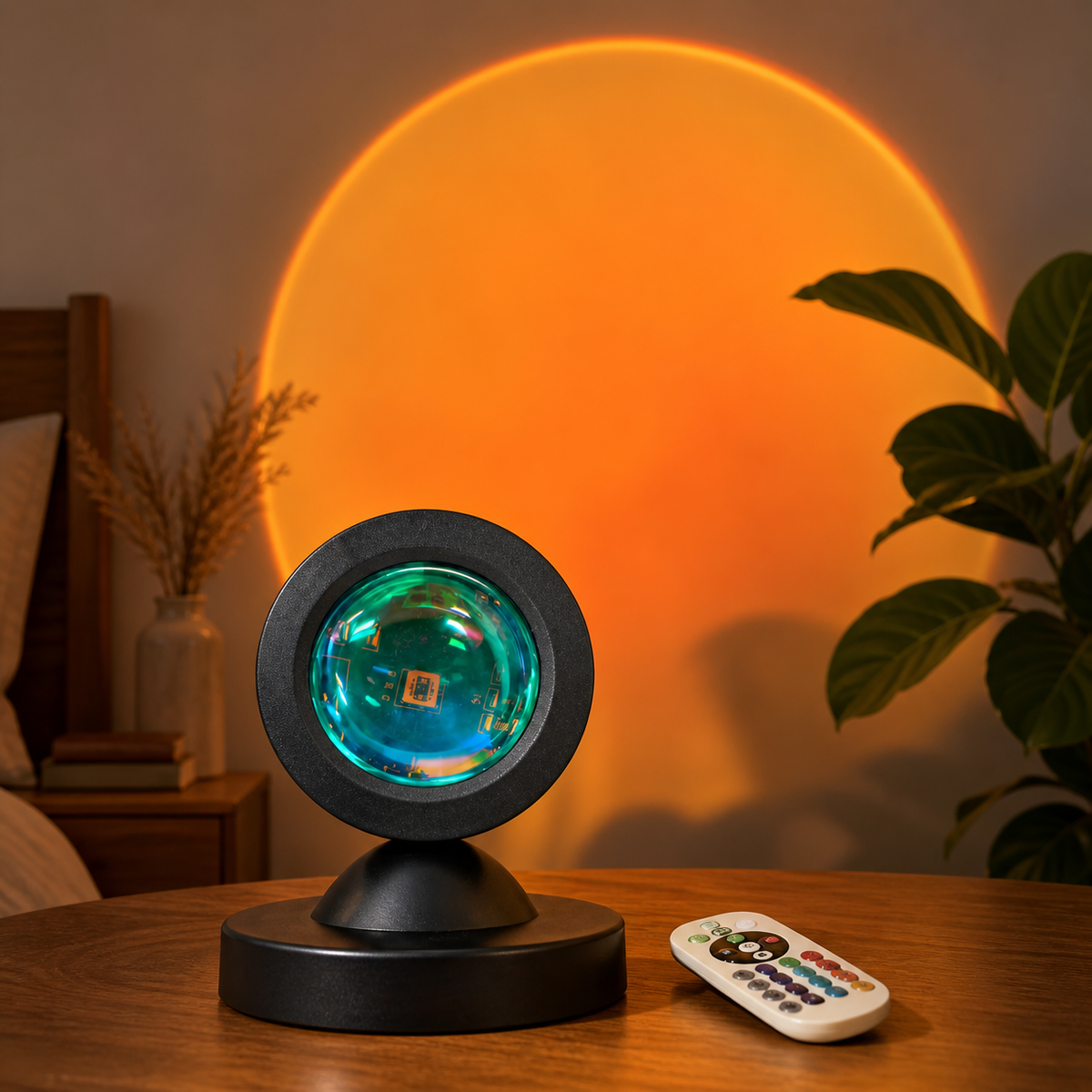 Black circular ambient light projector with teal-green optic and white remote casting a warm orange glow