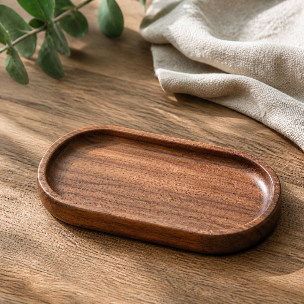 Empty small 18 x 10 cm plain dark wood tray on a warm daylight tabletop