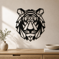 Geometric tiger head wall panel in matte black, 30 cm square, hung above a wooden console