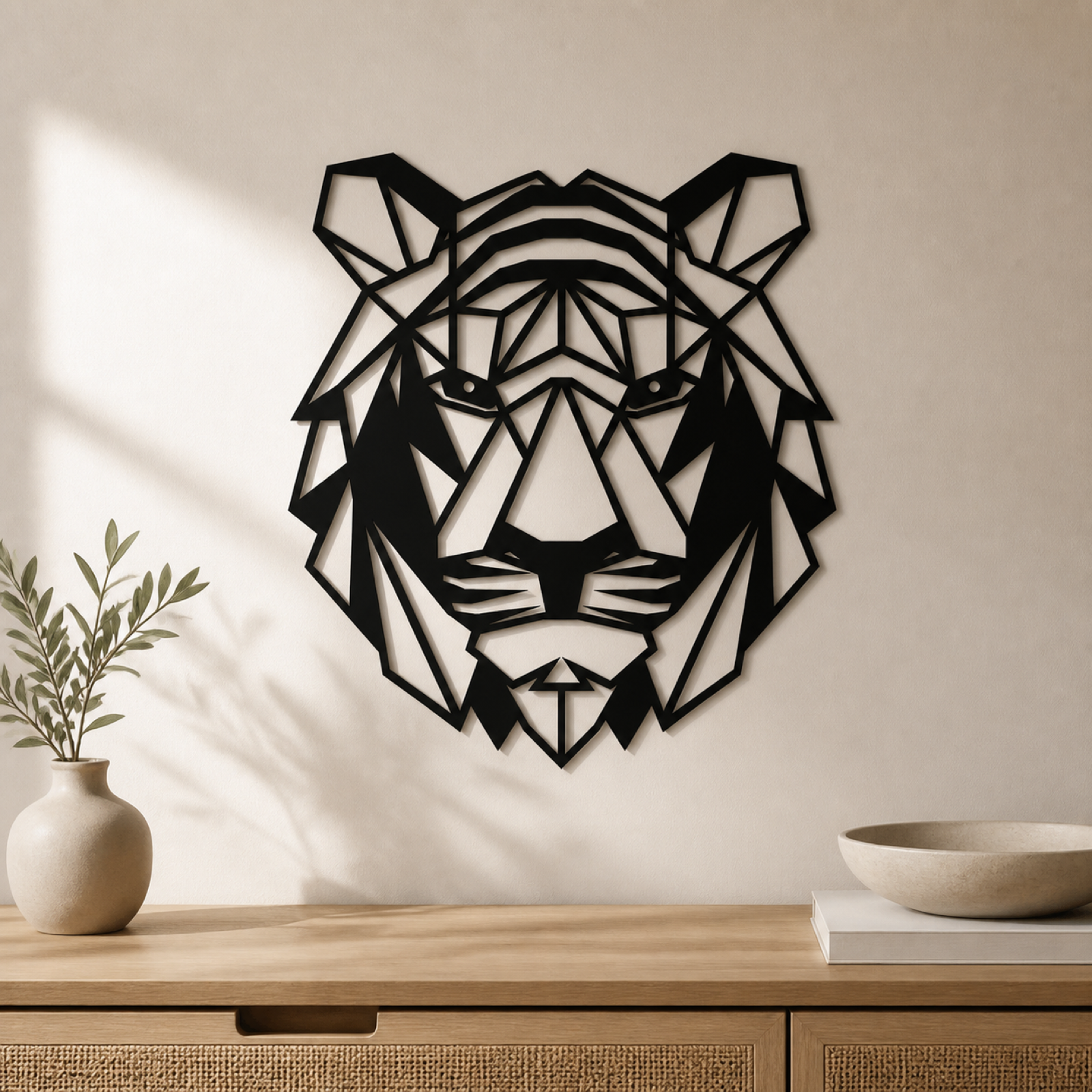 Geometric tiger head wall panel in matte black, 30 cm square, hung above a wooden console