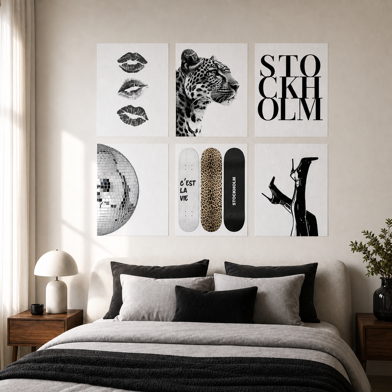 Six unframed abstract canvas print sheets arranged above a warm neutral bed