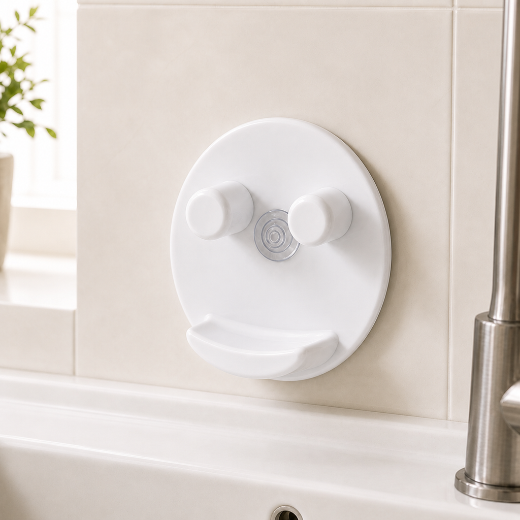 White smiley-face sponge holder suction-mounted on tile beside a kitchen sink
