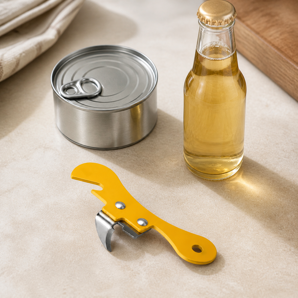 Yellow metal manual can and bottle opener on a kitchen counter