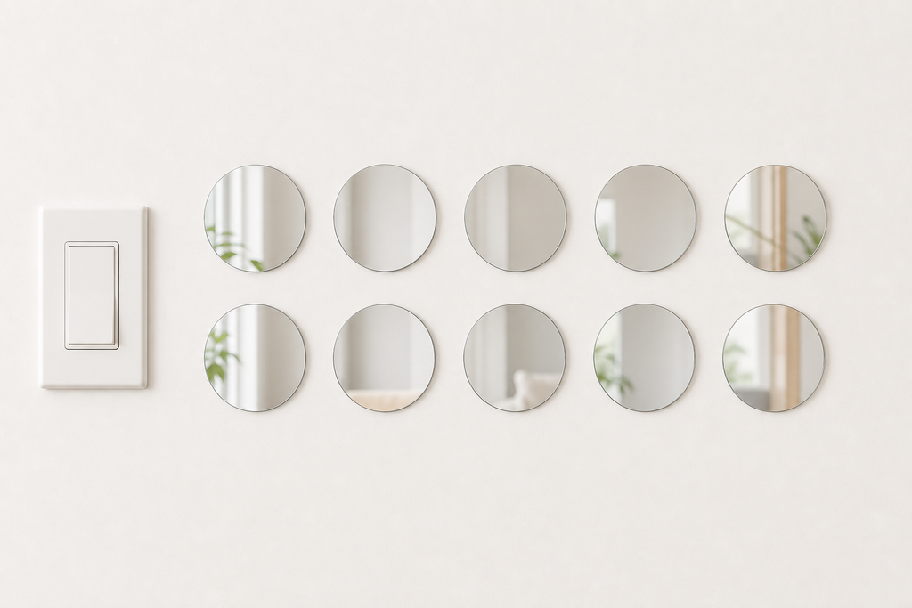 Ten identical 8 cm round acrylic mirror wall stickers beside a light switch