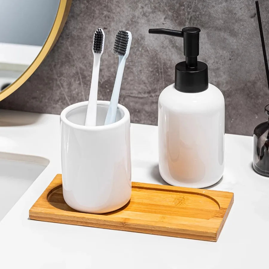 Cozy Haven lifestyle image for Cozy Haven White Ceramic Soap Dispenser Tray Set - sinkside detail