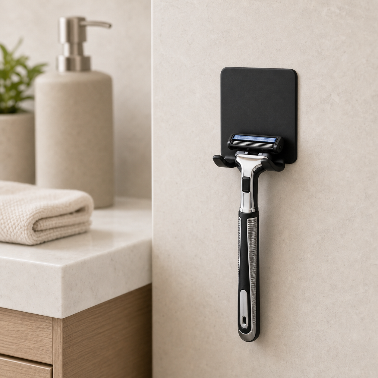Cozy Haven Black Adhesive Razor Holder - bathroom detail