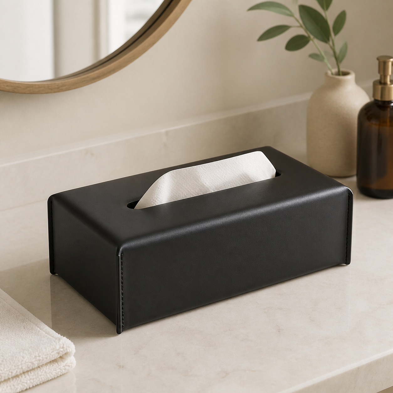 Smooth black tissue box cover with stitched ends on a guest-bath vanity