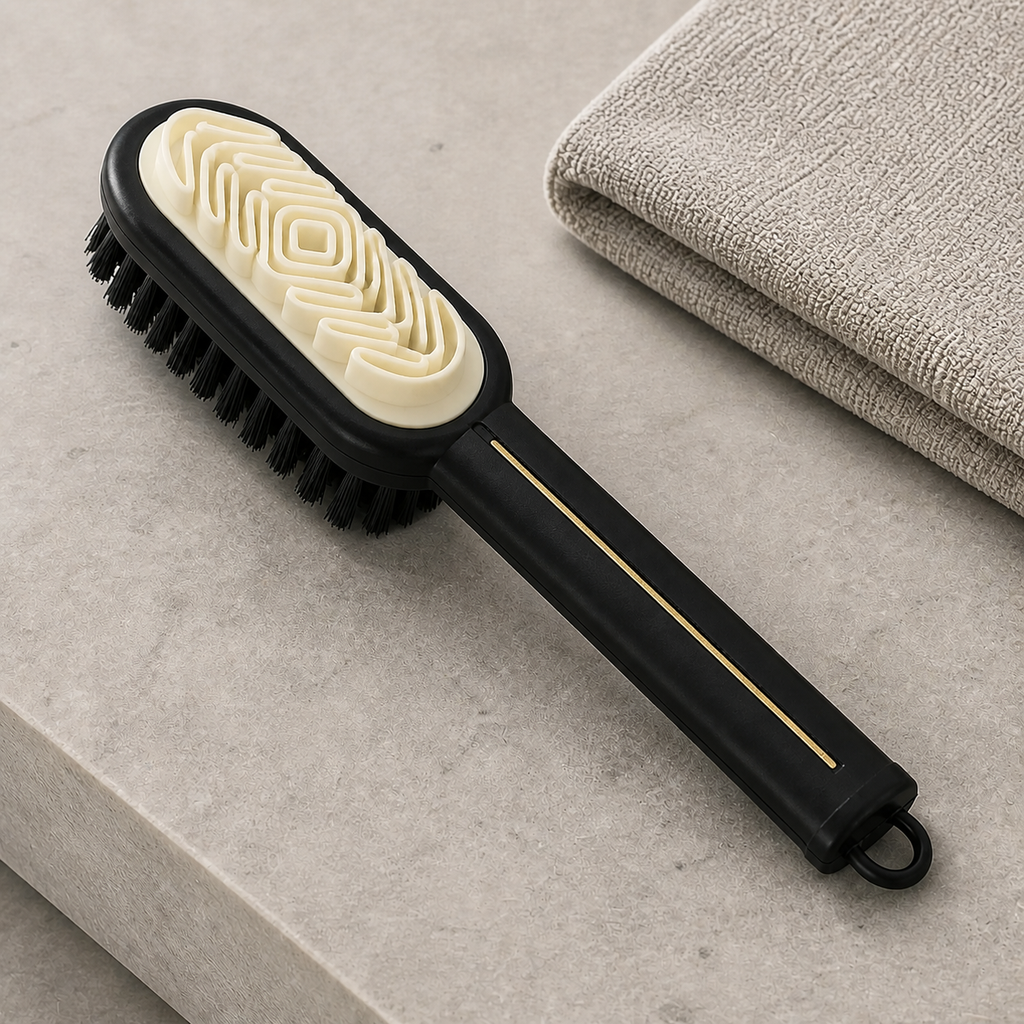 Black two-sided shoe brush showing cream raised grooves black bristles and a thin gold handle accent