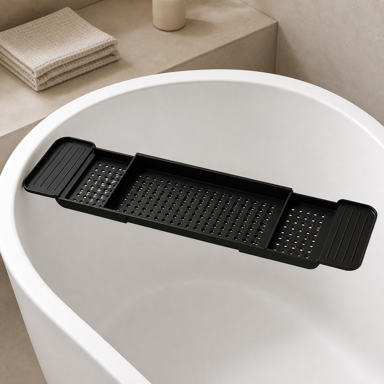 Empty matte black bathtub tray showing the continuous center basket and two sliding side extensions