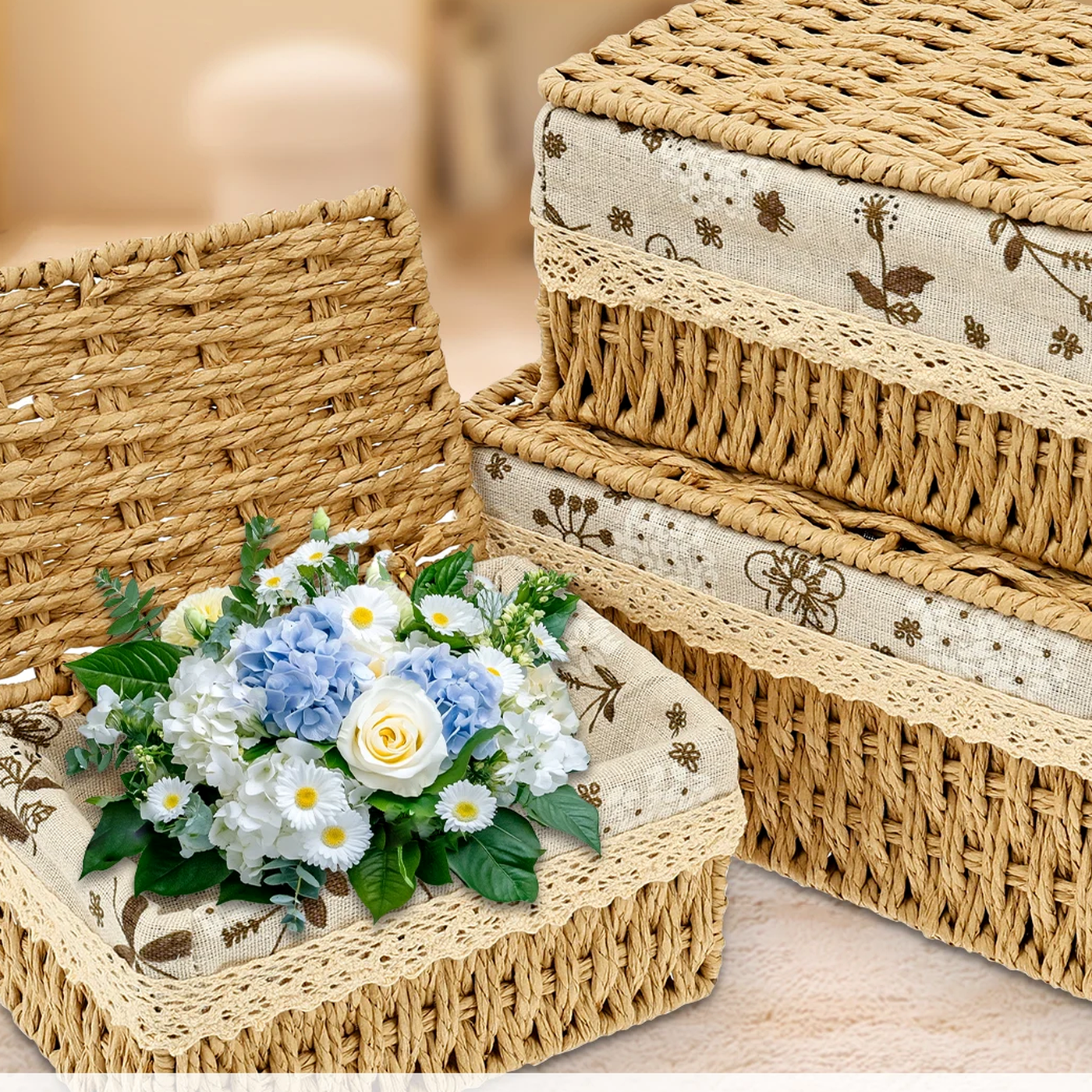 Cozy Haven 3-Piece Lidded Rattan Storage Basket Set - exact 3-piece lidded woven basket set image 2