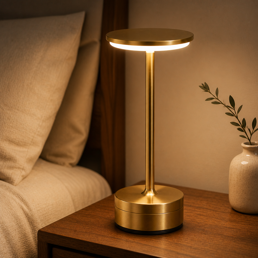 Cozy Haven Gold Cordless LED Table Lamp glowing on a bedroom nightstand