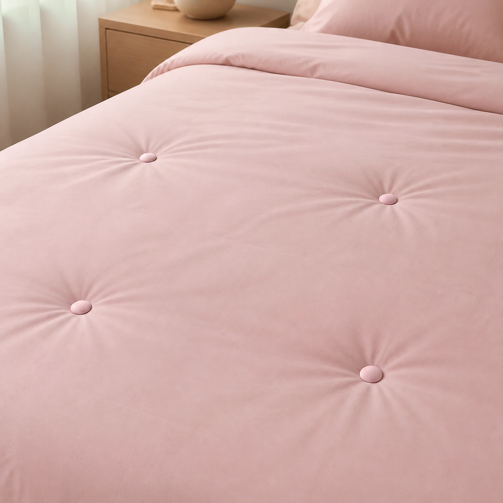 Pink round bedding fastener buttons securing a blush duvet in a bright bedroom