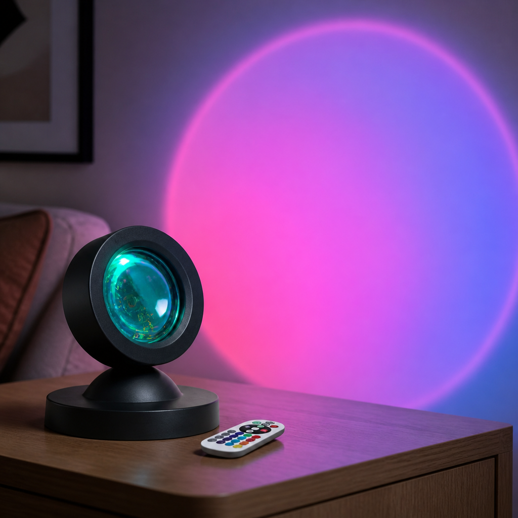 Black circular ambient light projector with teal-green optic and white remote casting a magenta-blue glow