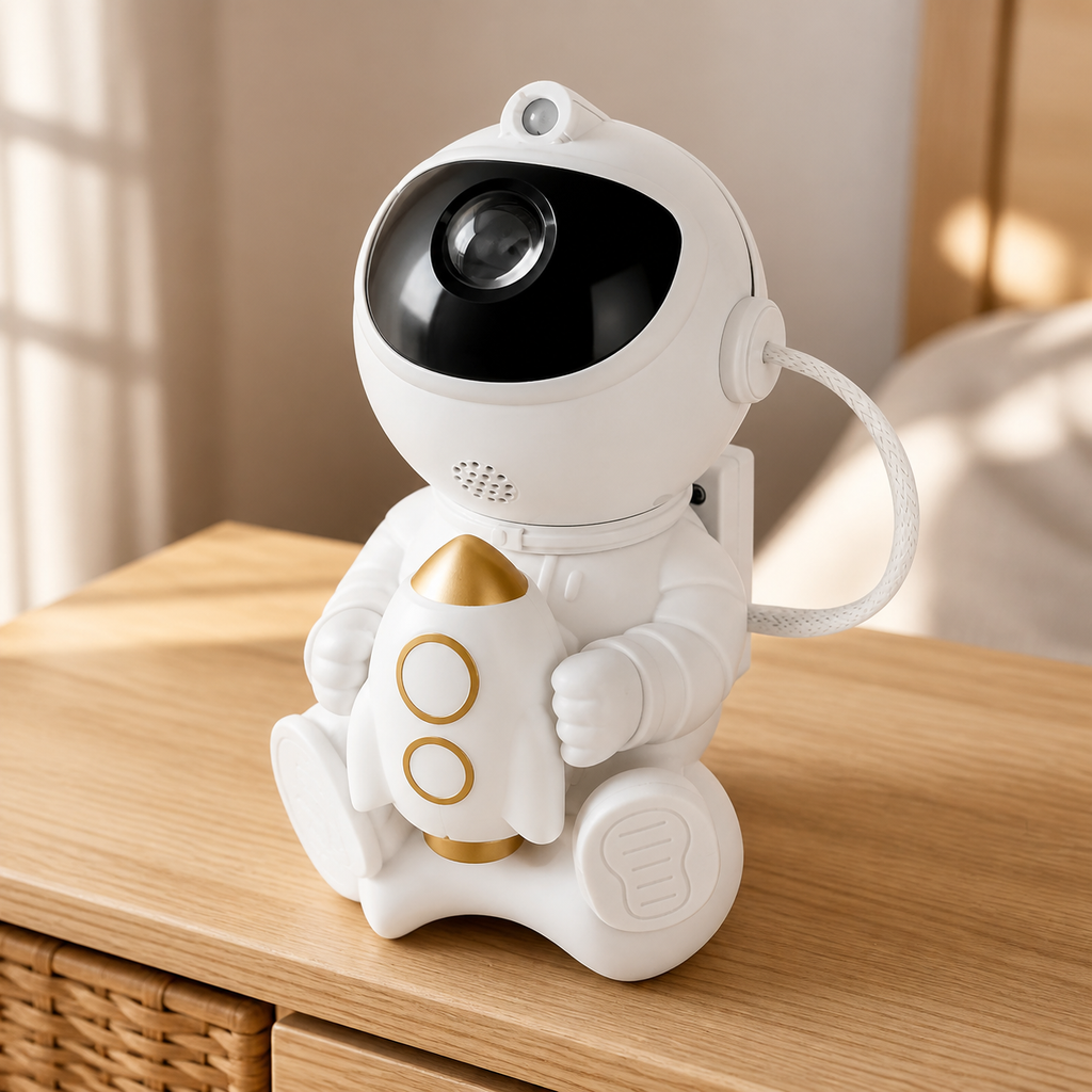 White astronaut rocket galaxy projector product detail in daylight