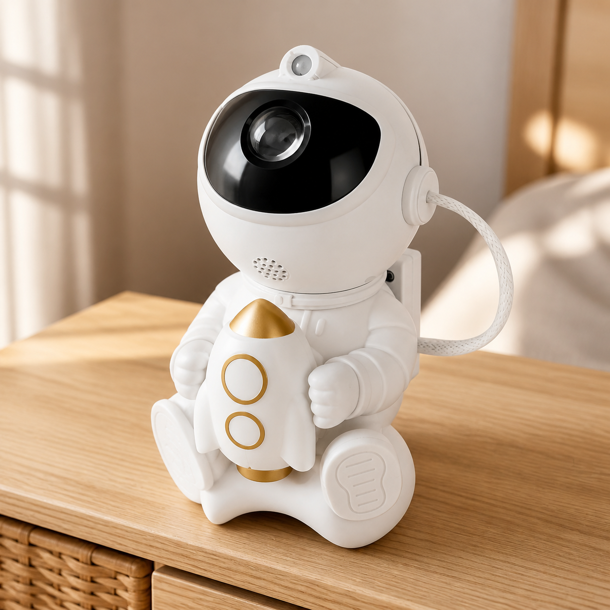 White astronaut rocket galaxy projector product detail in daylight